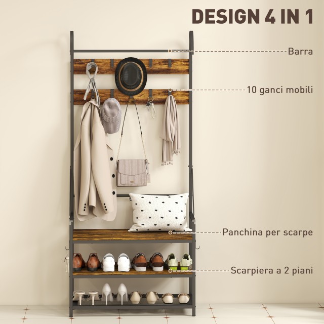 HOMCOM Καλόγερος Εισόδου με Ράβδο, 10 Γάντζους, Πάγκο και Παπουτσοθ...