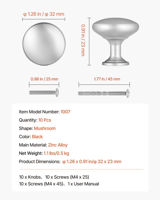 VEVOR Μανιταρόσχημα Νίκελ Πόμολα Ντουλαπιών 28 χιλ. (25 Τεμ.) CJXNJ...