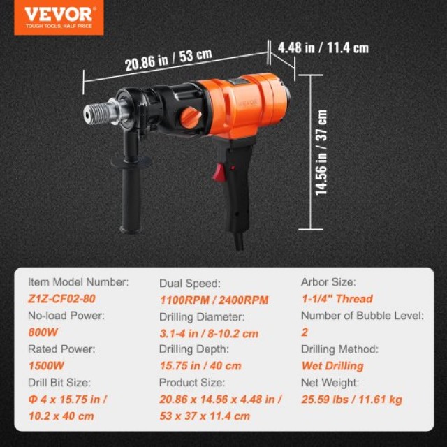 VEVOR Μηχανή Διάτρησης Διαμαντιών Χειρός για Σκυρόδεμα, Φορητό Σύστημα Διάτρησης με Διάμετρο 4 ιντσών, Ισχύς 1500W. SCJGSZKJYCY44KHH6V2