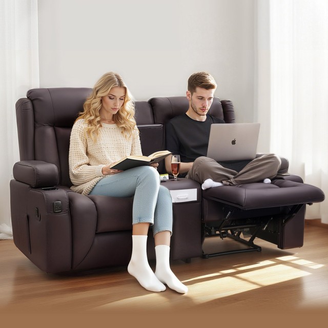 VEVOR Διθέσιος Ανακλινόμενος Καναπές 63x65.55x32.3 - Καφέ, USB, Θήκ...