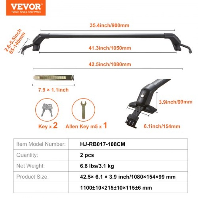 Ράγες Οροφής VEVOR για SUV, Σεντάν & Βαν, 70kg, Ρυθμιζόμενες με Κλειδαριές  CDHGJTYKTYKLLODD1V0