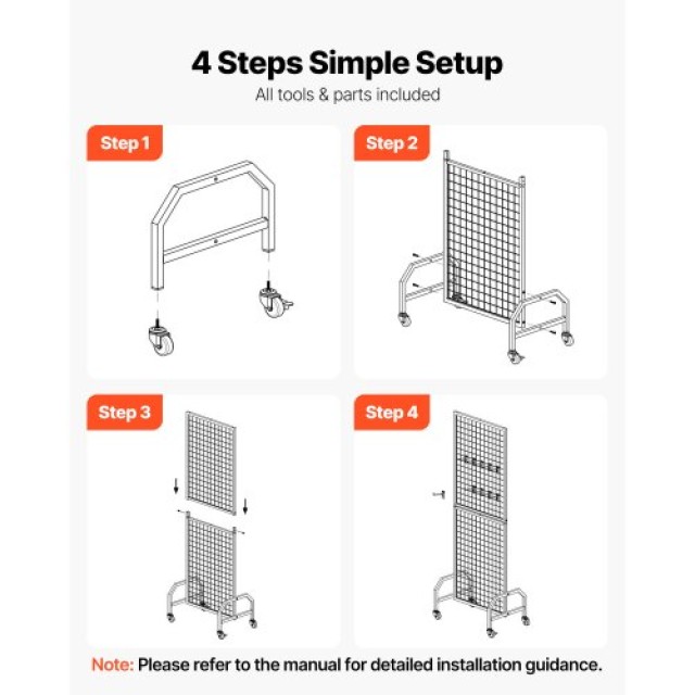 VEVOR Ράφια Τοίχου Πλέγματος με Ρόδες & Γάντζους (3 Τεμάχια, 600 x ...