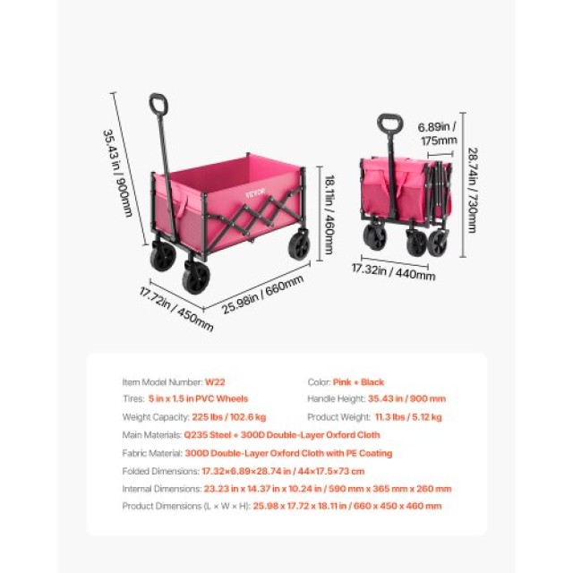 VEVOR Ροζ Πτυσσόμενο Καρότσι Κήπου 120L 225LBS Βαρέως Τύπου ZDHYBXSSTCFSPAZFWV0