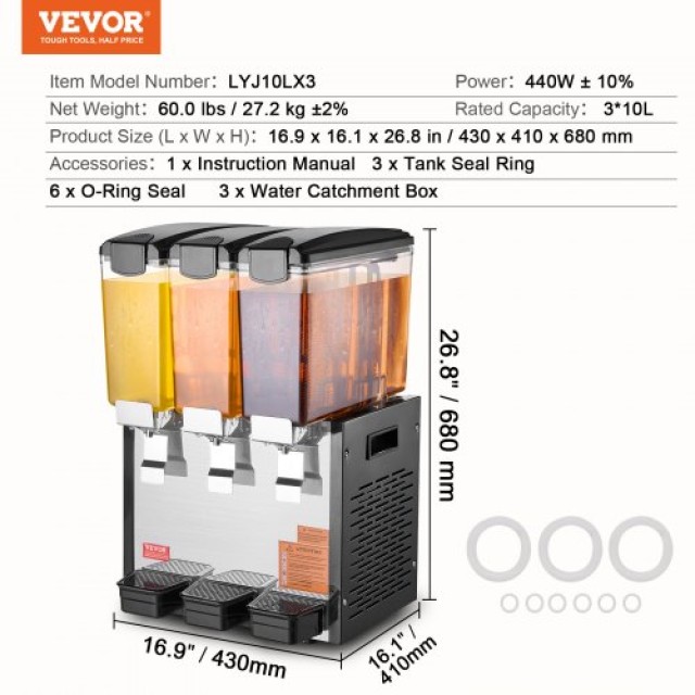 VEVOR  Εμπορικός Διανομέας Ποτών 3x10L για Κρύο Χυμό/Ποτό SYYLJJBSJ...