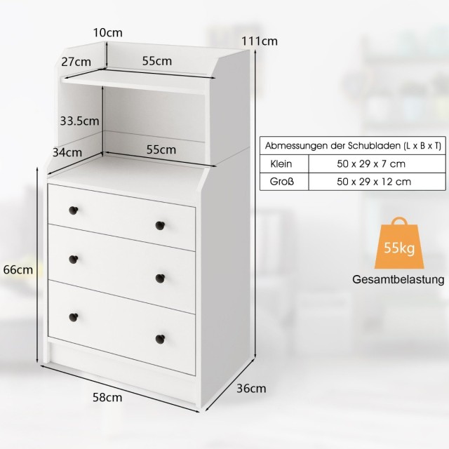 Costway Κομμότα με 3 Συρτάρια και 2 Ράφια 58 x 36 x 111 cm  Λευκό J...