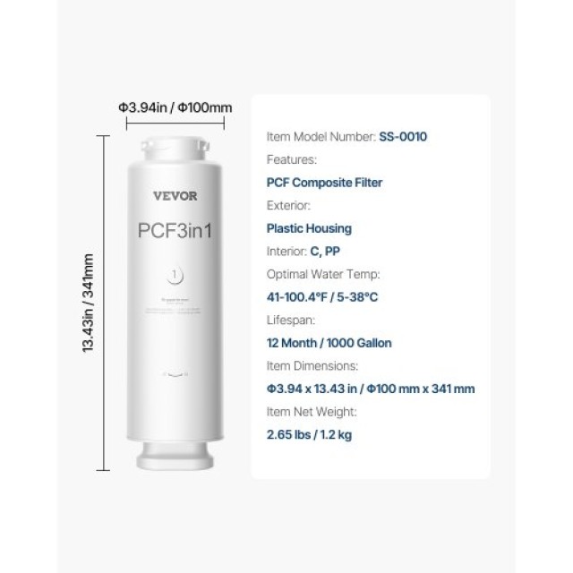 VEVOR Ανταλλακτικό Φίλτρο Νερού PCF Composite για SS-001/003/005 Κάτω Πάγκου SCXLSXTLXWCFS0CEQV0