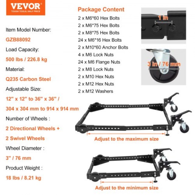 VEVOR Ρυθμιζόμενη Βάση Μεταφοράς 500 lbs με Ρόδες για Ξυλουργικά Ερ...