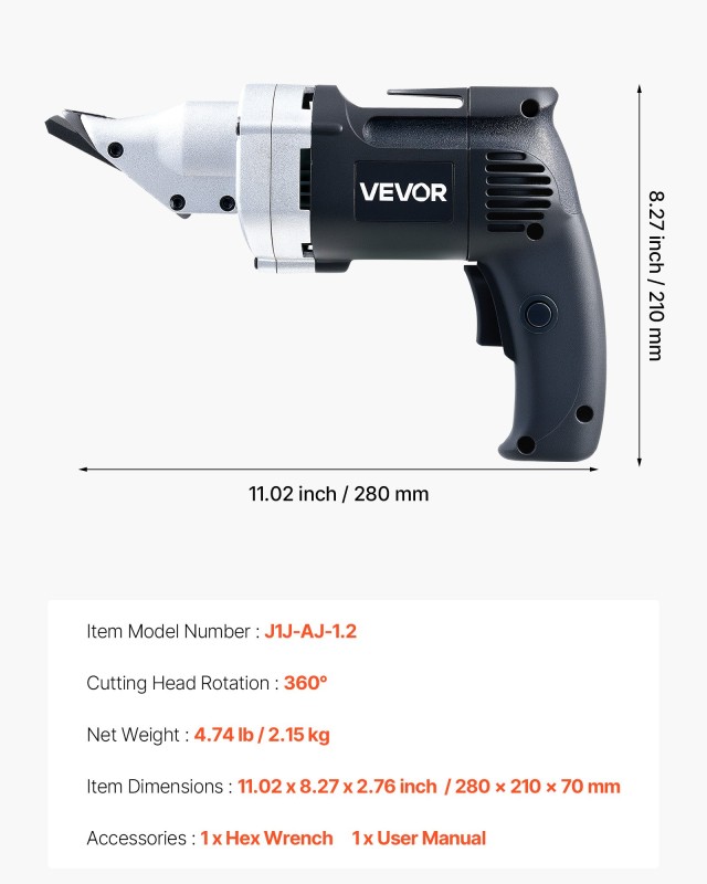 VEVOR Ηλεκτρικό Ψαλίδι Μετάλλων, 480W, 360° Περιστρεφόμενη Κεφαλή, ...