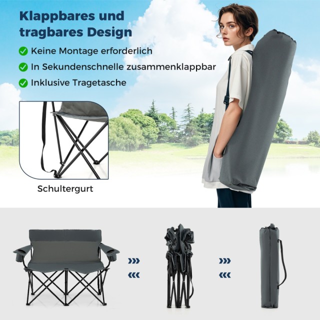 Costway Διθέσια Καρέκλα Camping 132x66x96 cm με Υψηλή Πλάτη και Πλα...