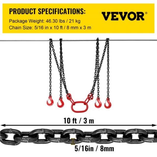 Ανυψωτική Αλυσίδα VEVOR 10ft, 5/16, 5 Τόνων, 4 Γάντζοι  3MSGLT00000000001V0