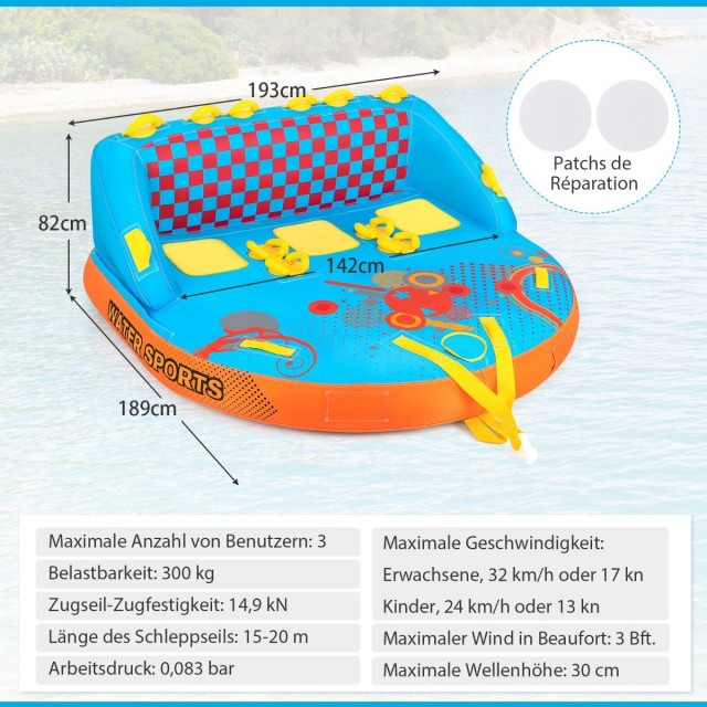 Costway  Φουσκωτό Τρίκλινο για Σκάφος Formula Tube για Καθιστή και Γονατιστή Χρήση 240 x 200 x 70 εκ. NP11600