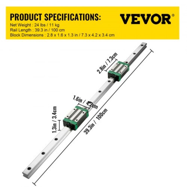 VEVOR Οδηγός Γραμμικής Κίνησης HGR20-1000mm με Ράγα Ολίσθησης  ZXDGTZHGR20-10001V0