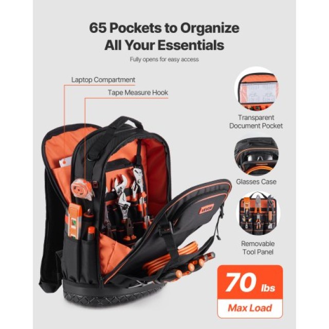 VEVOR Επαγγελματικό Σακίδιο Εργαλείων 65 Θήκες Ανθεκτικό στην Καταπ...