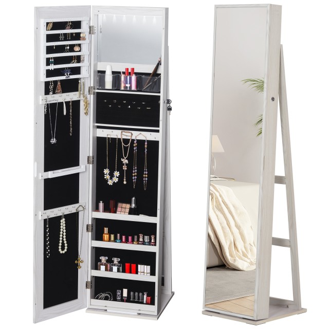 HOMCOM Καθρέφτης Κοσμηματοθήκη LED με Ράφια, 38x38x157 cm, Λευκός 831-327
