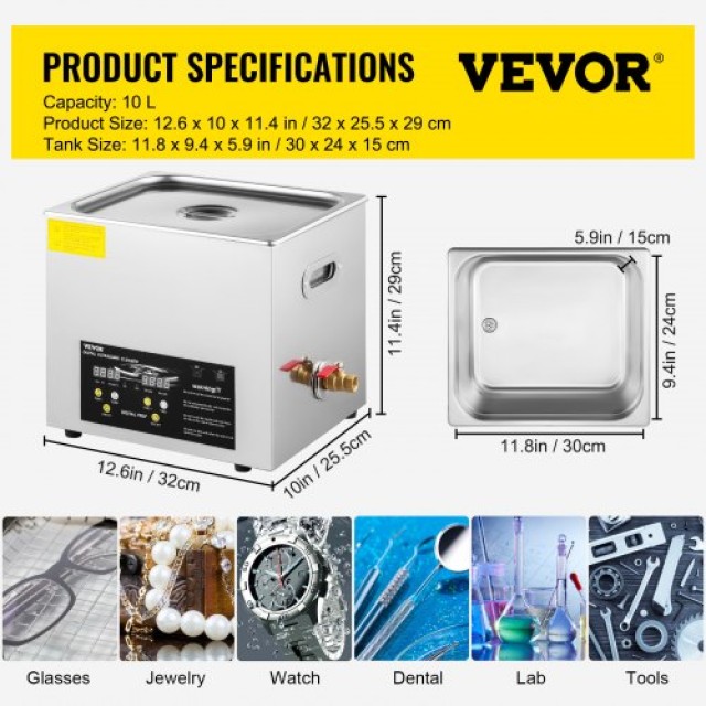 VEVOR 10L Ψηφιακός Υπερηχητικός Καθαριστής με Θερμαντήρα και Χρονοδιακόπτη για Κοσμήματα και Γυαλιά  QXJ10LCSB-400W001V2