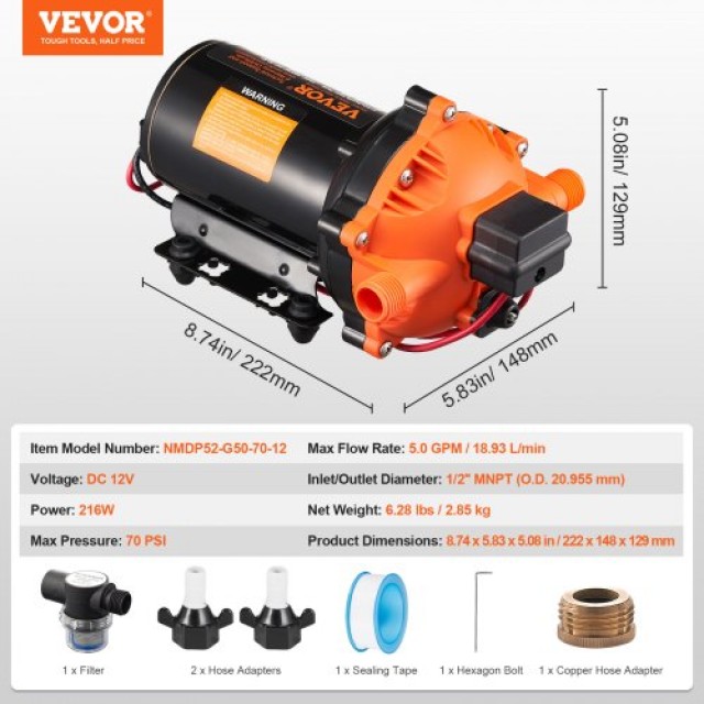 VEVOR  Αντλία Διαφράγματος 12V 5GPM 5-Θαλάμων με Διακόπτη Πίεσης 12...