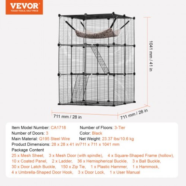 VEVOR  Μεγάλο 3-επίπεδο Κλουβί Γάτας 28 x 28 x 41 Μεταλλικό Πλέγμα ...