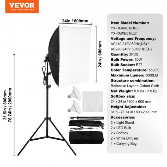 VEVOR  Σετ Φωτισμού Softbox 24x24 30W 5500K LED Ρυθμιζόμενη Βάση  SYRGZMTZ2424K23FPV2