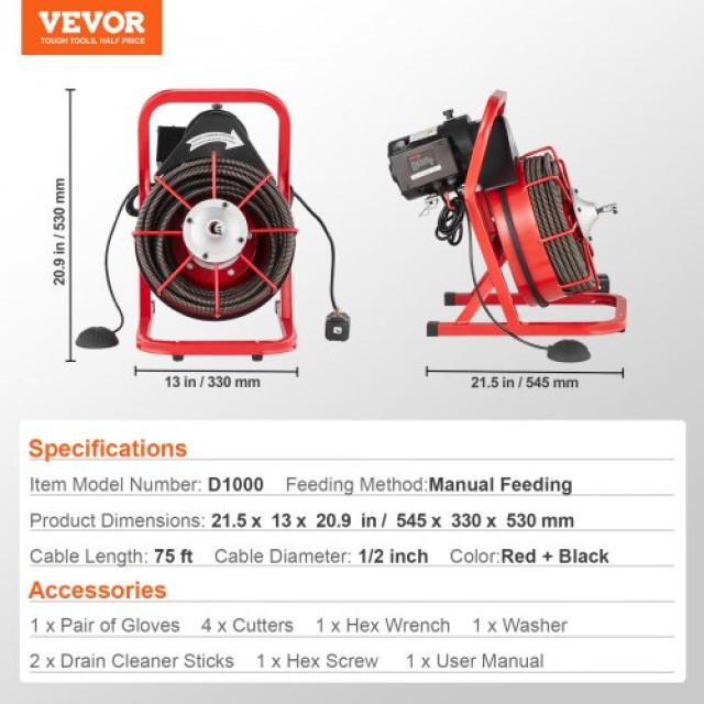 VEVOR Μηχανή Καθαρισμού Αποχέτευσης 75FT x 1/2 Χειροκίνητη & 4 Κόφτες  SDJJKLSGDSTJGDO6AV2
