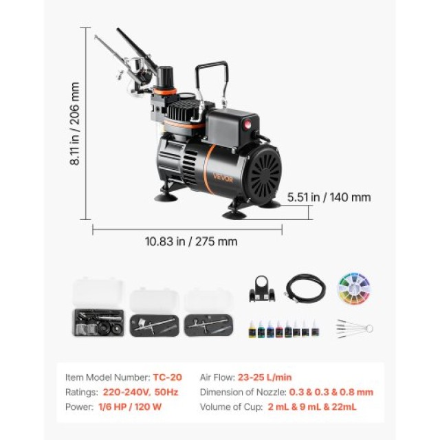 VEVOR Σετ Airbrush με Αεροσυμπιεστή 1/6 HP, 3 Airbrush και 3 Μύτες ...