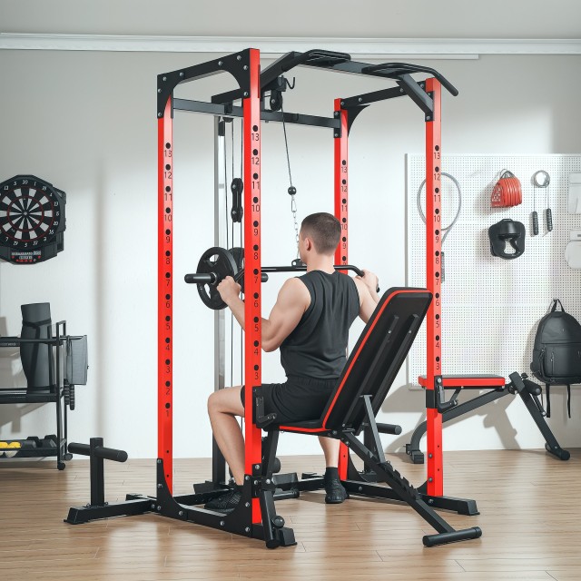 SPORTNOW Σταθμός Γυμναστικής με Υποστήριξη για Μπάρα και Μπάρα Έλξεων και Βυθίσεων, από Ατσάλι, 191x153x205 εκ., Κόκκινο και Μαύρο A91-387V00BK