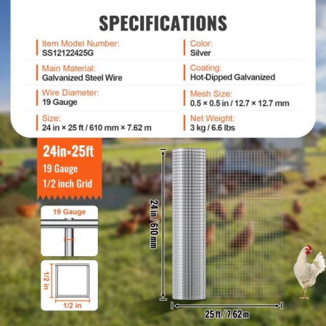VEVOR Πλέγμα Σύρματος 1/2, 24x25, 19 Gauge, Γαλβανισμένο για Κοτέτσια & Κήπο  DXGSWL24IN25CF4GSV0