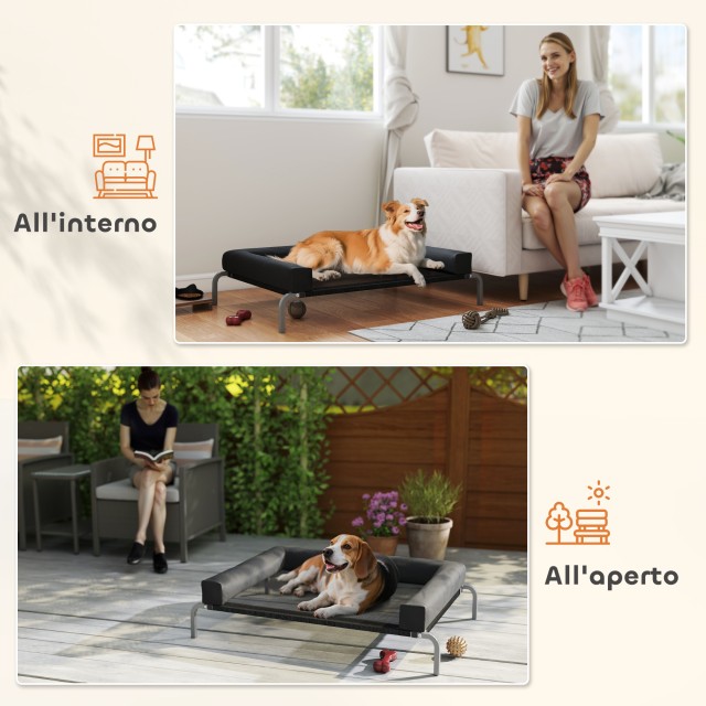 PawHut Υπερυψωμένο Κρεβάτι Σκύλου 110x75x30 εκ. με Μαξιλάρι U, Πολυεστέρας & Ατσάλι, Μαύρο/Ασημί D04-297V01BK