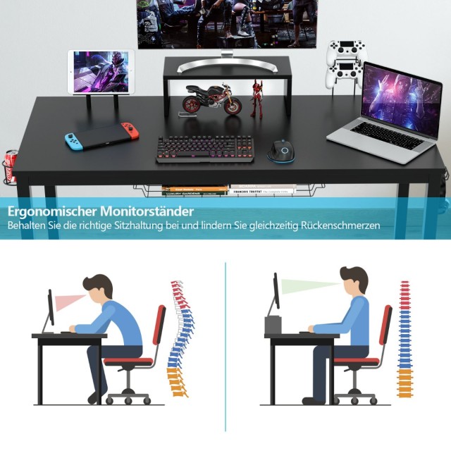 Επαγγελματικό Γραφείο Gaming με Εργονομική Ανύψωση Οθόνης και Πολλαπλές Λειτουργίες 155 x 60 x 94 Μαύρο HW63510 Costway