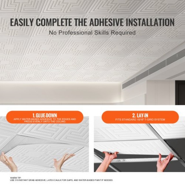 Σετ 12 Λευκών Πλακιδίων Οροφής VEVOR 24x24 εκ από PVC με Σχέδιο Echo - Εύκολη Εγκατάσταση  THBZPVCB12J29DDRKV0