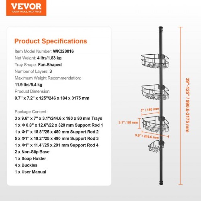 VEVOR  Γωνιακή Ράβδος Ντους 39-125 Αντοχής στη Σκουριά  SCTPHSBXGKK...