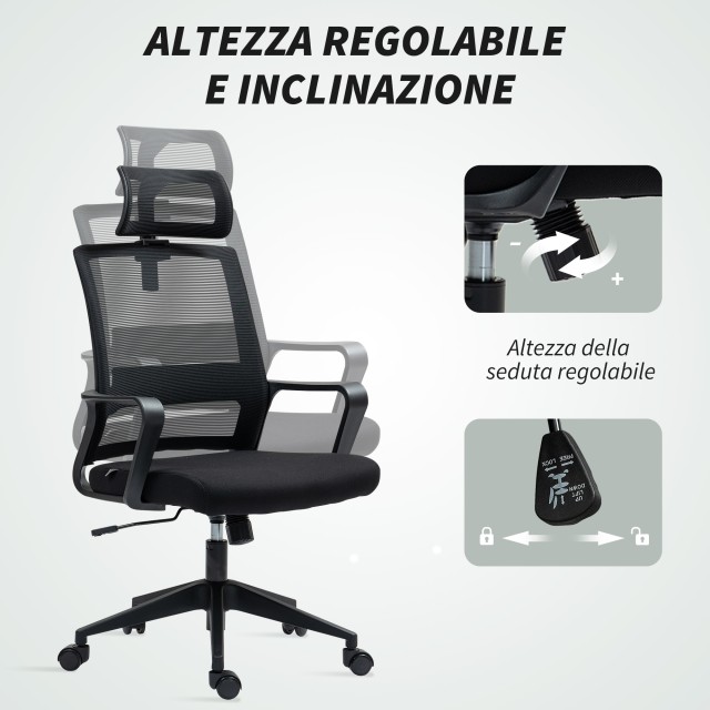 HOMCOM Εργονομική Καρέκλα Γραφείου με Προσκέφαλο και Ρυθμιζόμενο Ύψος, Λειτουργία Κουνήματος και Ρόδες, Μαύρο 921-798V00BK