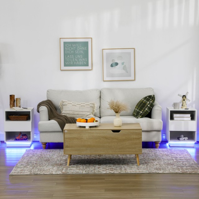 HOMCOM Μοντέρνα κομοδίνα με LED, Σετ 2 τεμαχίων σε λευκό μοριοσανίδα με συρτάρι και 2 ανοιχτά ράφια, 40x40x55 cm 831-670V01WT