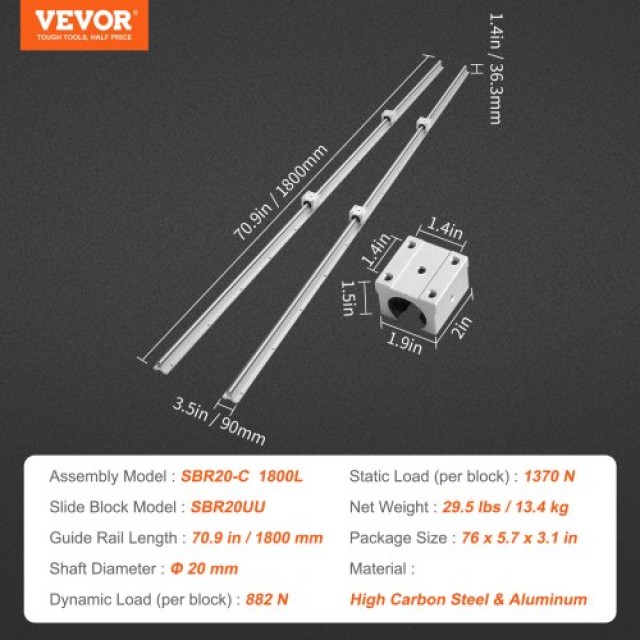 VEVOR  Σετ Οδηγών SBR20 1800mm, 2 Ράγες & 4 Οδηγοί SBR20UU για CNC ZXDGSBR20MM182EHIV0