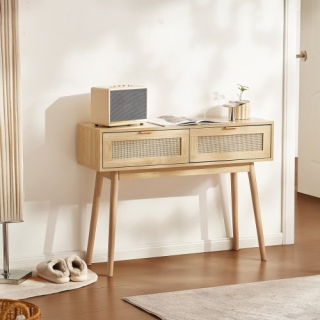 Τραπέζι Κονσόλα VEVOR Rattan με 2 Συρτάρια και Συρόμενη Πόρτα Φυσικ...