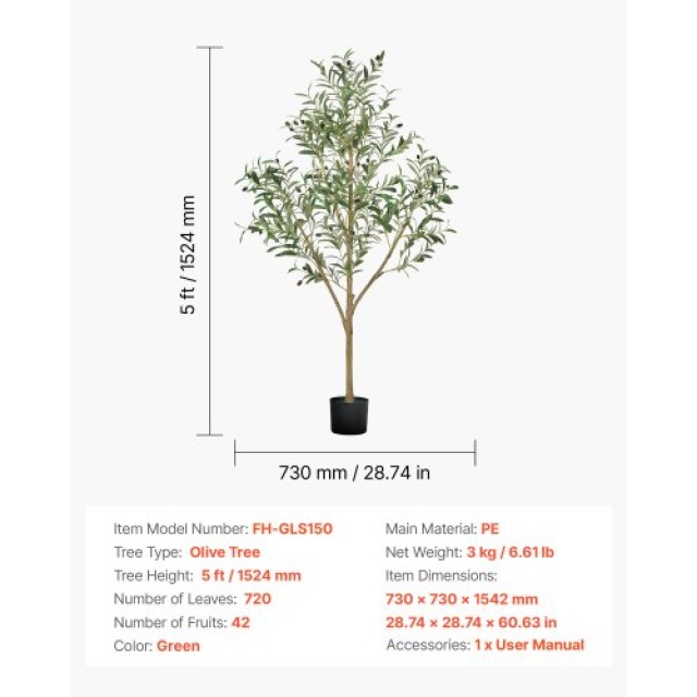 VEVOR Ψηλή Τεχνητή Ελιά 150cm με Γλάστρα για Σπίτι ή Γραφείο RZS5FT...