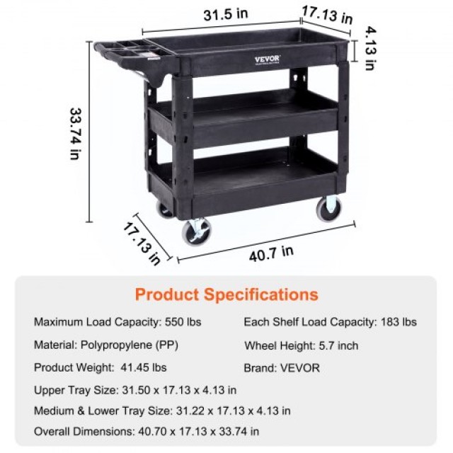 Καρότσι Υπηρεσίας VEVOR, 3 Ράφια, 550LBS, Πλαστικό, Ρόδες 360°  DXSLSYTCDXCX3K5H9V0