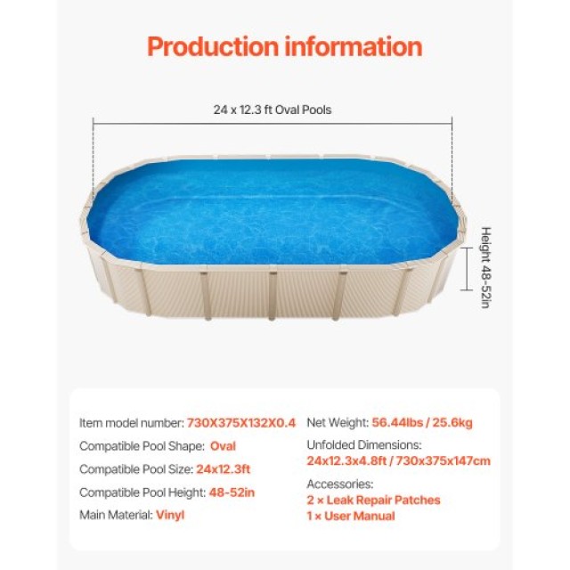 VEVOR Επικάλυψη Επένδυσης Πισίνας Οβάλ 24 x 12.3ft για Ύψος Τοίχου 52in YCNCCSOVAL73H36L9V0