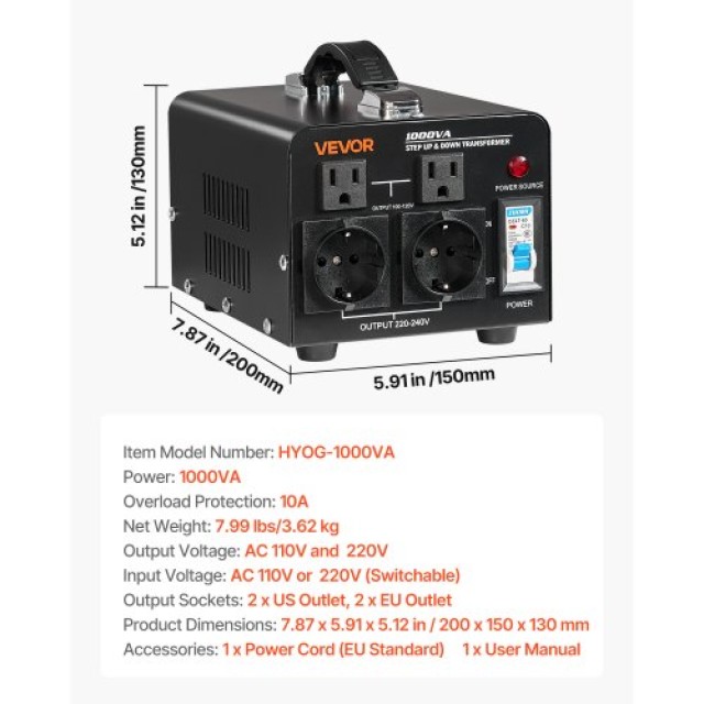 VEVOR Μετασχηματιστής Τάσης 1000VA 110V-220V SXDYZHQSD11025EPL001V2