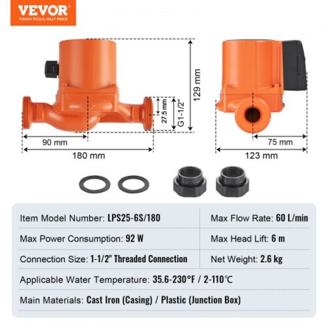 VEVOR  Αντλία Κυκλοφορίας Ζεστού Νερού 220V 92W, 60 L/min, 6m, 1-1/2, 2°C-110°C, Χαμηλού Θορύβου LWKBZPBB6M605Q93VV2