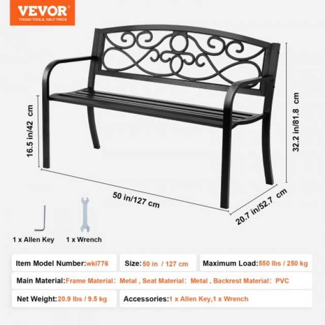 VEVOR  Μεταλλικό Παγκάκι 50, 550 lbs, με Πλάτη & Μπράτσα για Κήπο/Π...