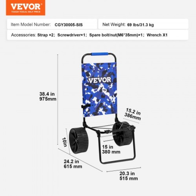 VEVOR Καρότσι Παραλίας με Μεγάλες Ρόδες, 69LBS Φορτίο, Αναδιπλούμενο για Πικνίκ, Κάμπινγκ, Ψάρεμα, Κηπουρική  STTCXG10INCH3UV59V0