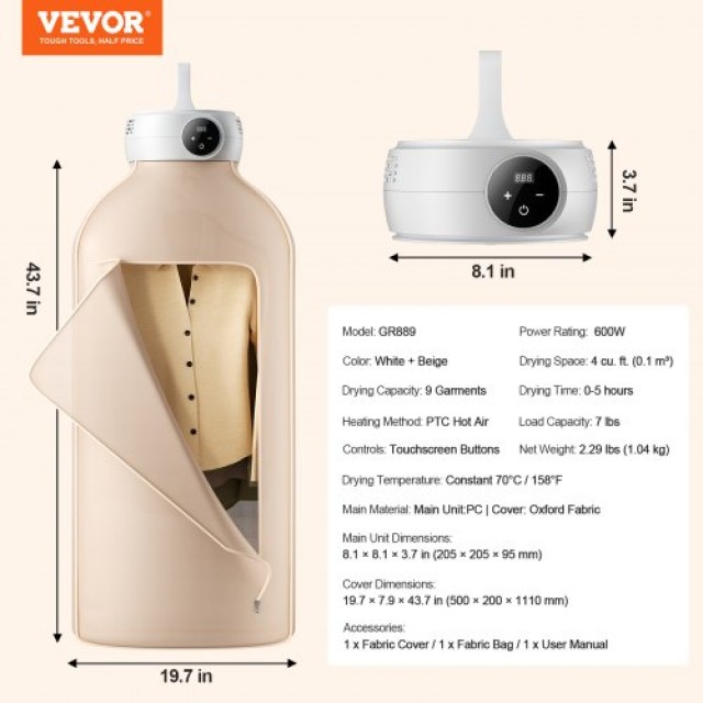 Φορητό Στεγνωτήριο Ρούχων VEVOR 600W με Οθόνη LED & Χρονοδιακόπτη  ...