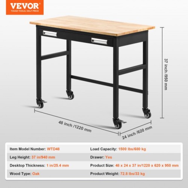 VEVOR 48 Πάγκος Εργασίας με Ρόδες και Συρτάρι 1500 lbs  LDSGZTSM4824MOD2JV0