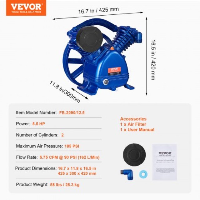 VEVOR  Κεφαλή Αντλίας Αεροσυμπιεστή 5.5HP 5.75CFM @ 90PSI 2-Κύλινδρος Πιστονιού KQYSJBTSGBTCUHG46V0