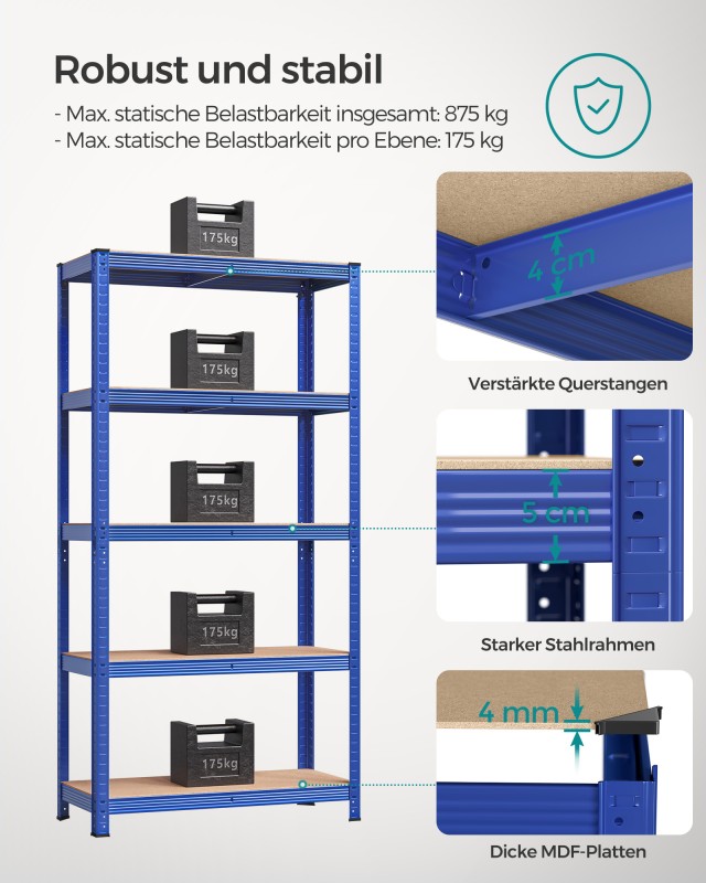 SONGMICS Βαρέως Τύπου Ραφιέρα 40 x 90 x 180 εκ, Μπλε, GLR040Q01 