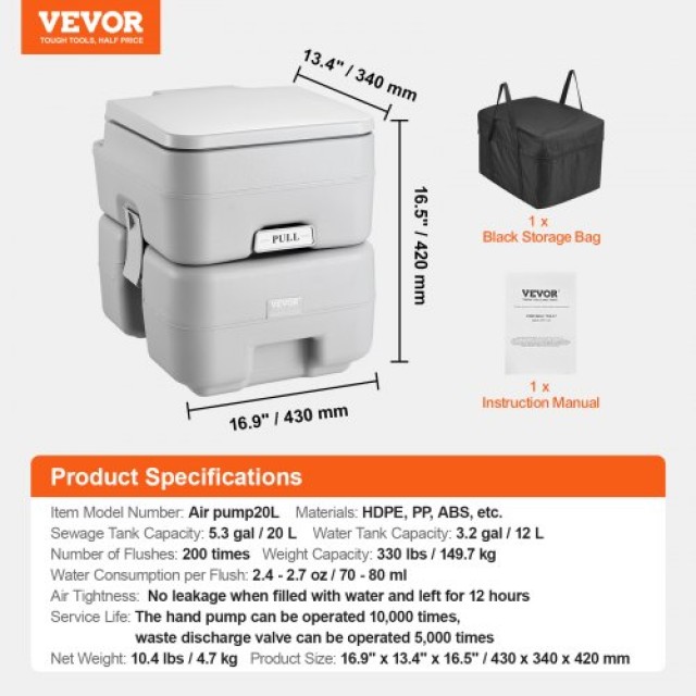 Φορητή Τουαλέτα VEVOR 5.3 Gal με Τσάντα Μεταφοράς  DCX53GAL32GALWN45V0