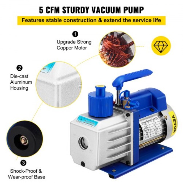 VEVOR Κιτ Θαλάμου Κενού με Αντλία 5 Γαλ 5CFM 1/3HP Μονού Σταδίου  S12HP5CFM110VBGFDV2