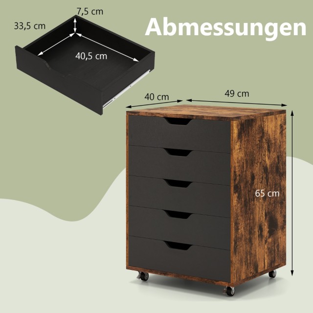 Costway Καφέ Κινητός Αρχειοθήκη 48 x 39,5 x 65,5 εκ με 5 Συρτάρια κ...