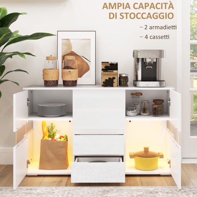 HOMCOM  Μοντέρνα Κρεντέντζα με Ρυθμιζόμενο LED και Τηλεχειριστήριο, 4 Συρτάρια και 2 Ντουλάπια, 120x34x70 εκ., Λευκό  83B-176V90WT