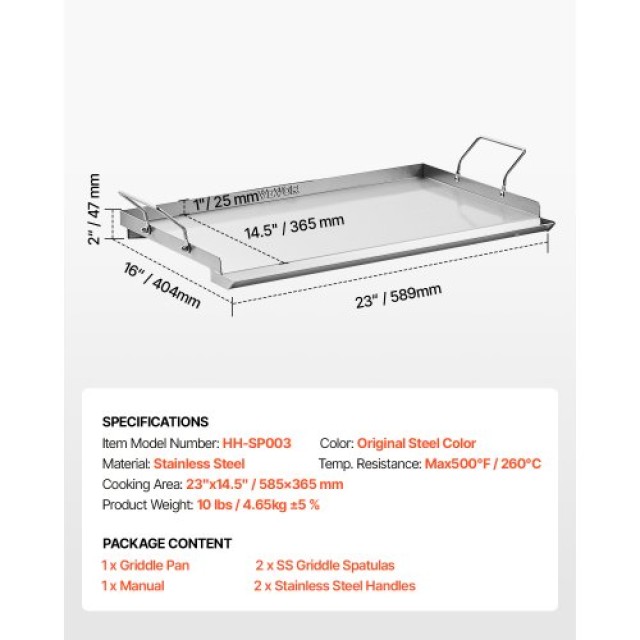 VEVOR Επίπεδη Πλάκα Ψησίματος Ανοξείδωτη 23x16 για BBQ DCJPBXG2316IQ5MBZV0
